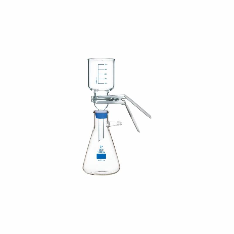Equipo Para Filtracion, portafiltro de vidrio Ø47mm, tapon de silicona, embudo de 300ml y Kitasato de 1000ml