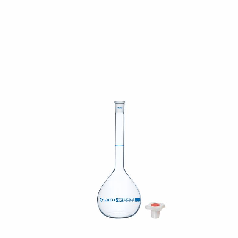 Matraz volumétrico aforado boro 3.3 5ml, incoloro, tapón plástico, clase A con certificado de lote