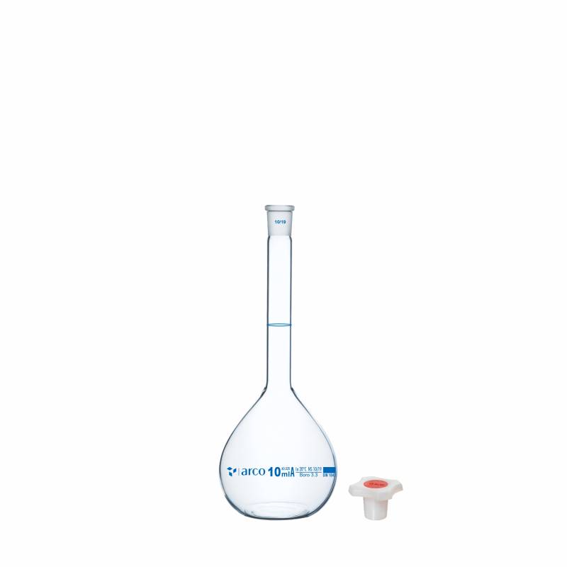 Matraz volumétrico aforado boro 3.3 10ml, incoloro, tapón plástico, clase A con certificado de lote
