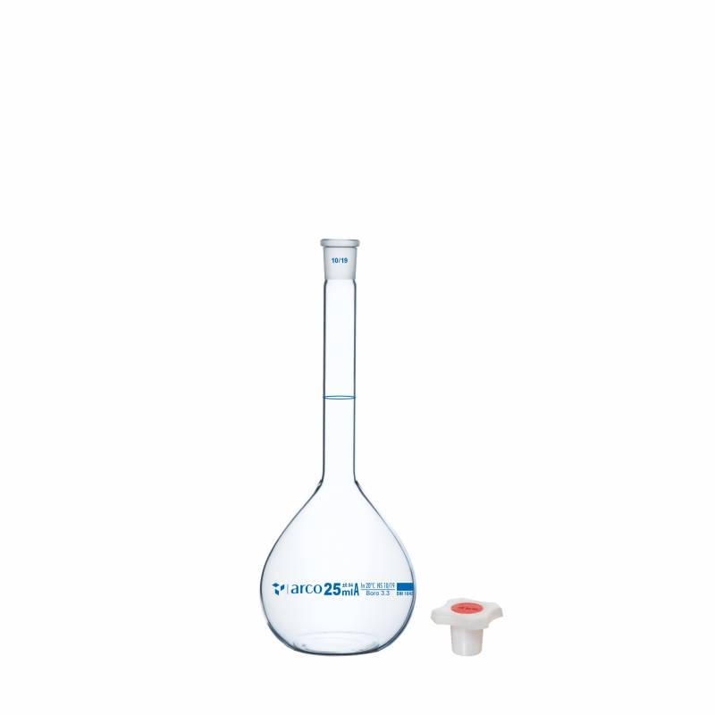 Matraz volumétrico aforado boro 3.3 25ml, incoloro, tapón plástico, clase A con certificado de lote