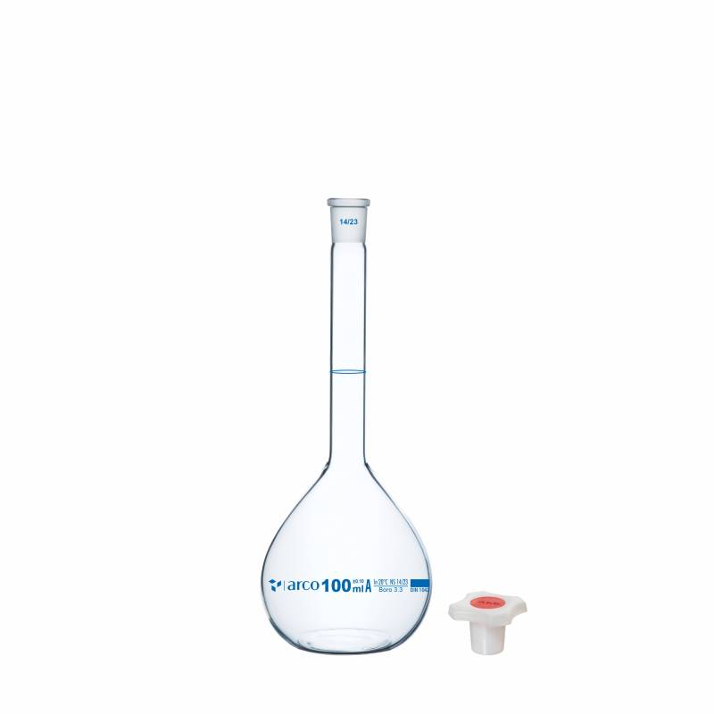 Matraz volumétrico aforado boro 3.3 100ml, incoloro, tapón plástico, clase A con certificado de lote