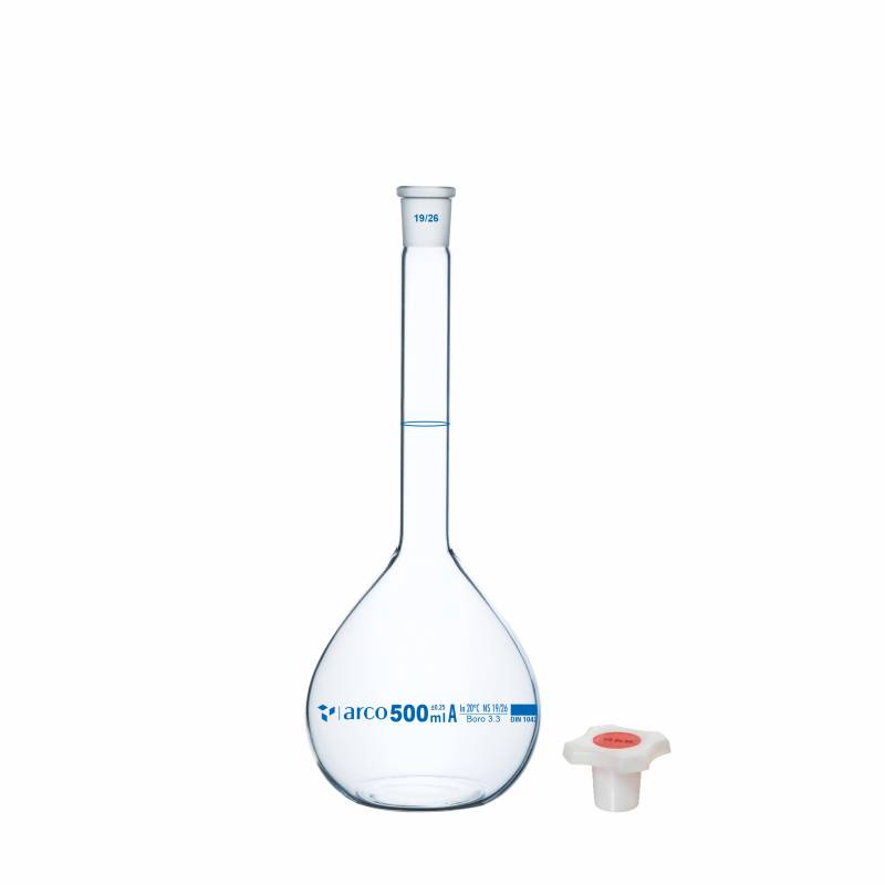 Matraz volumétrico aforado boro 3.3 500ml, incoloro, tapón plástico, clase A con certificado de lote