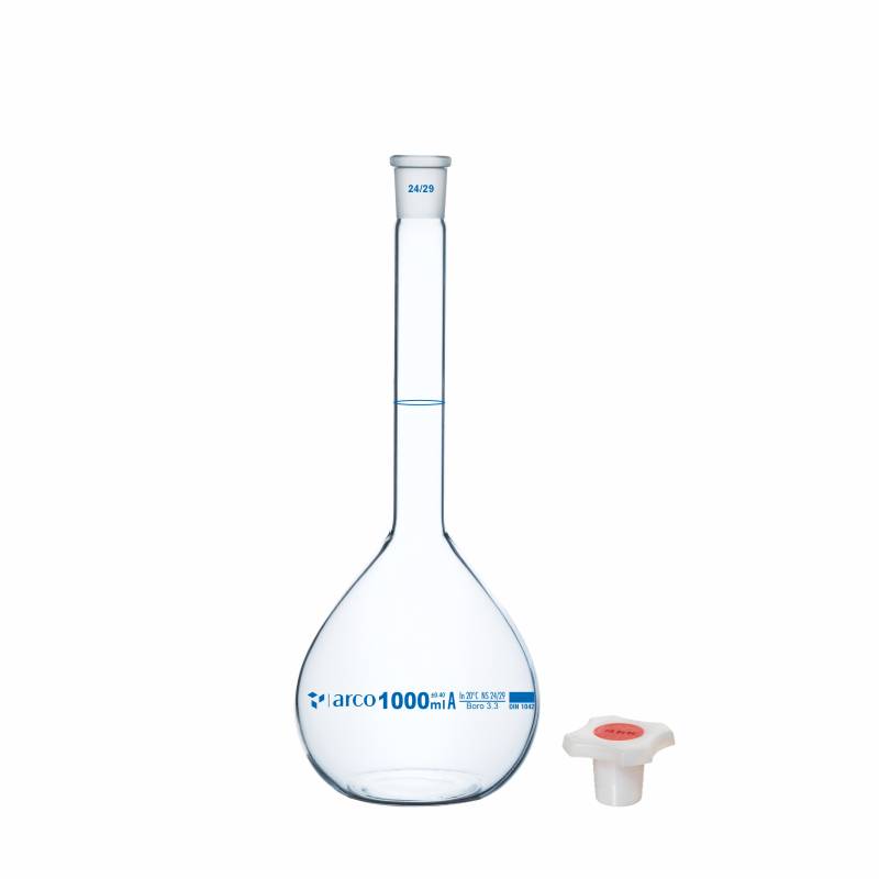 Matraz volumétrico aforado boro 3.3 1000ml, incoloro, tapón plástico, clase A con certificado de lote