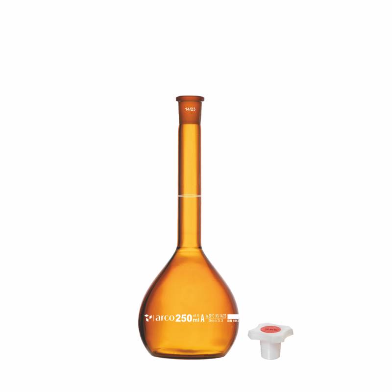 Matraz volumétrico aforado boro 3.3 250ml, color caramelo, tapón plástico, clase A con certificado de lote