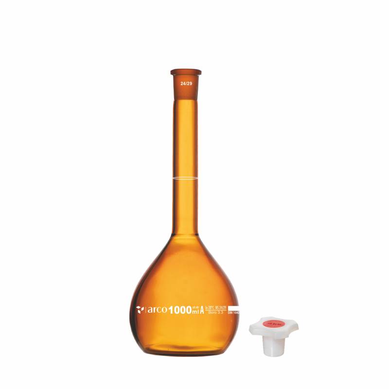Matraz volumétrico aforado boro 3.3 1000ml, color caramelo, tapón plástico, clase A con certificado de lote