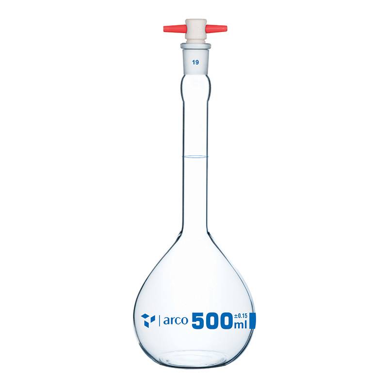 Matraz volumétrico aforado BORO 3.3 con tapa a presión incoloros x 500ml, clase A con certificado de lote